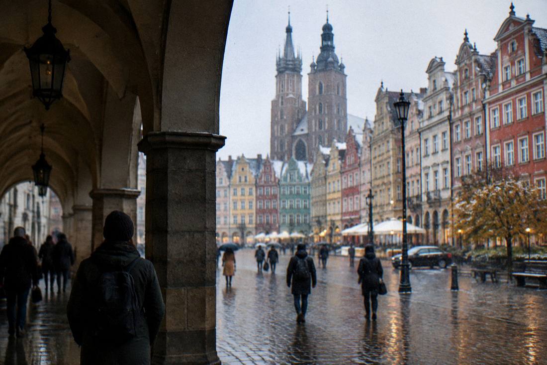Rain or snow falling on the historic townhouses of central Wroclaw seen from a covered walkway