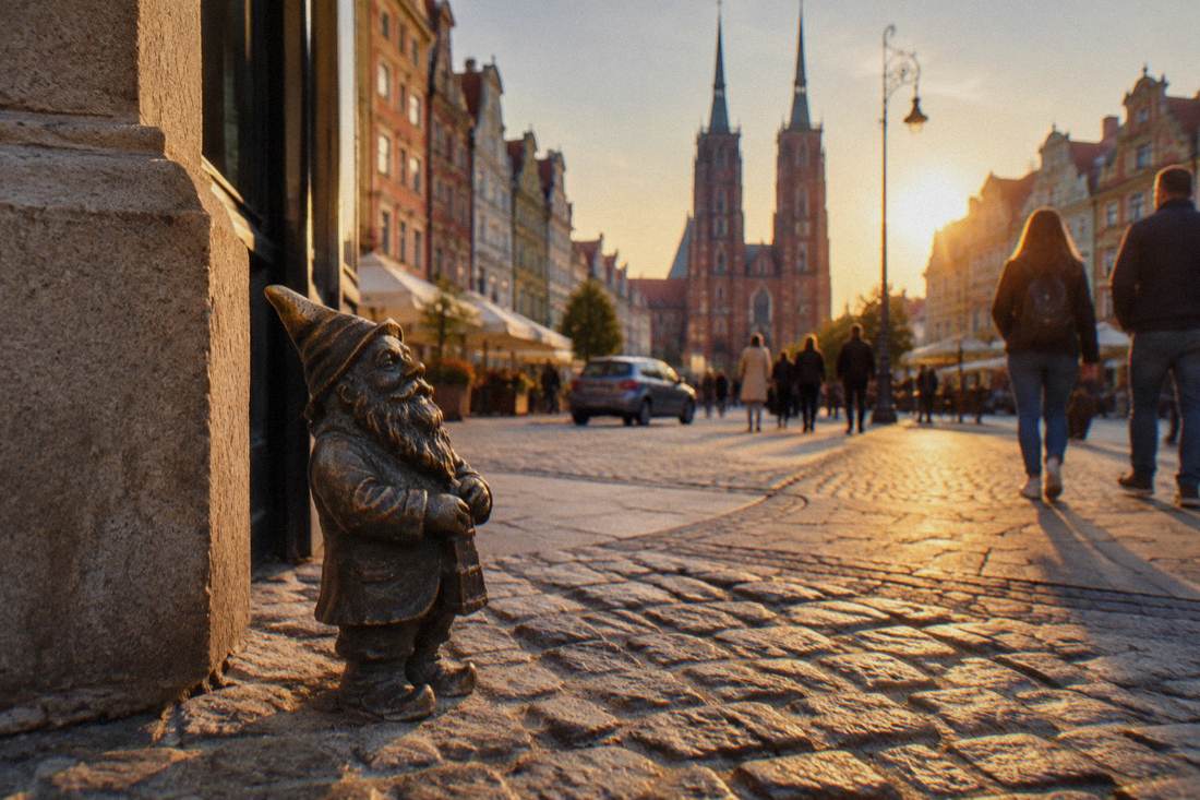 A bronze dwarf statue beside cobblestones in the Wroclaw old town on a sunny day