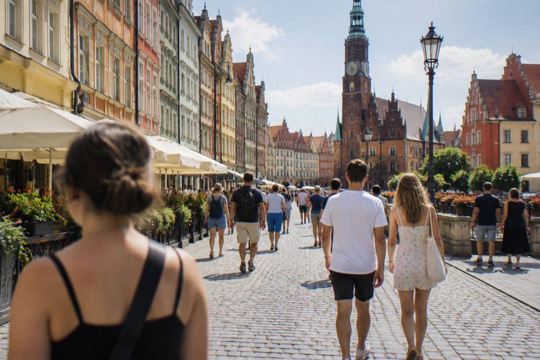 Cobblestone old town street in Wroclaw with tourists walking in summer clothing