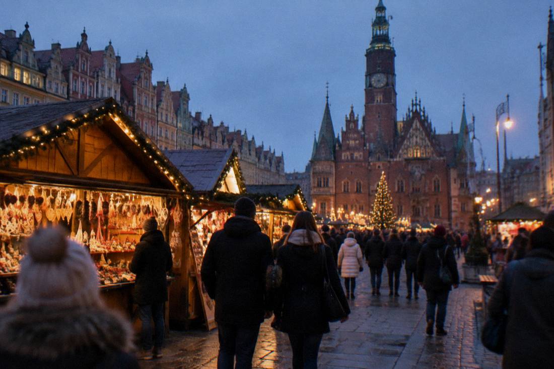 Wooden Christmas market stalls with warm lights standing on Wroclaw's market square at dusk.