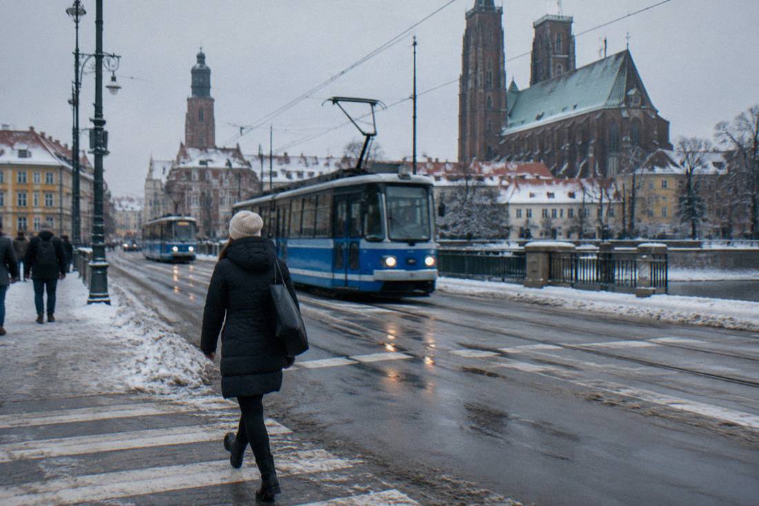 A pedestrian in a winter coat crossing a Wroclaw street with snow on the pavements and trams passing in the background.