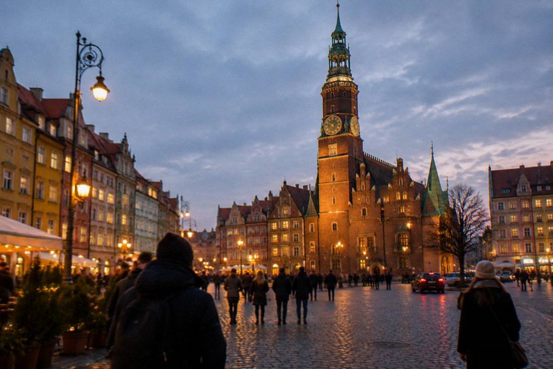 The illuminated Old Town Hall tower and market square buildings of Wroclaw seen at dusk on a cold evening, with warm window light.