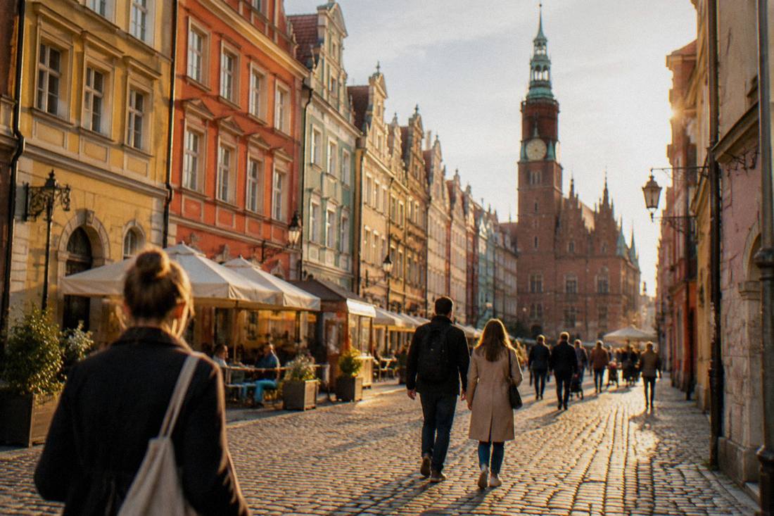 Cobblestone street in Wroclaw Old Town lined with colorful burgher houses