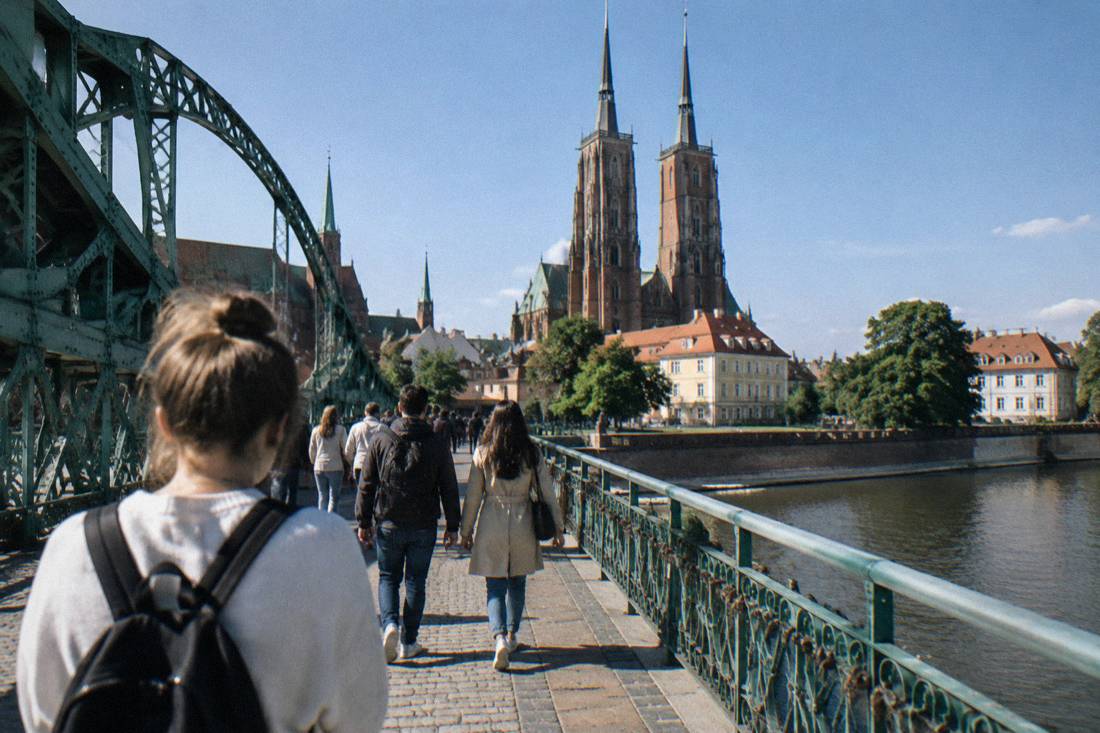 Walkers crossing a historic bridge over the Odra river toward Ostrow Tumski