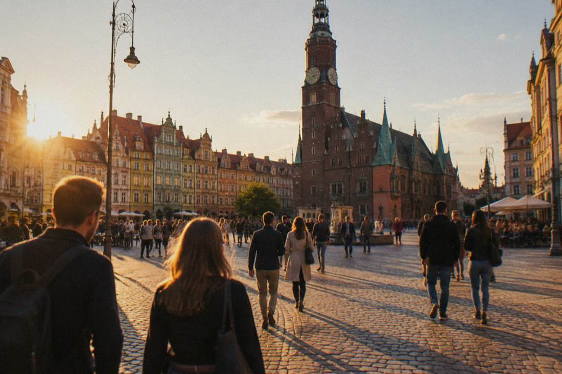 People strolling across Wroclaw Market Square on a sunny afternoon
