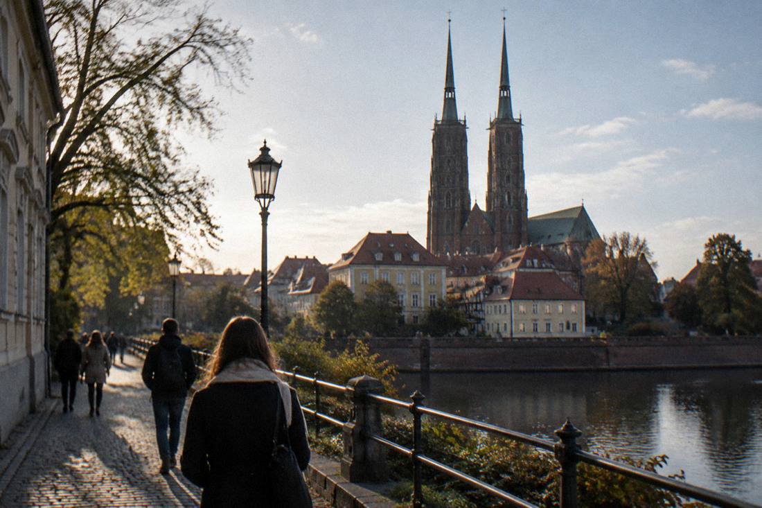 Twin gothic spires of Wroclaw Cathedral rising above Ostrow Tumski rooftops