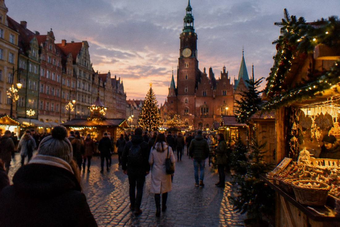 Wroclaw Market Square decorated with wooden Christmas market stalls at dusk