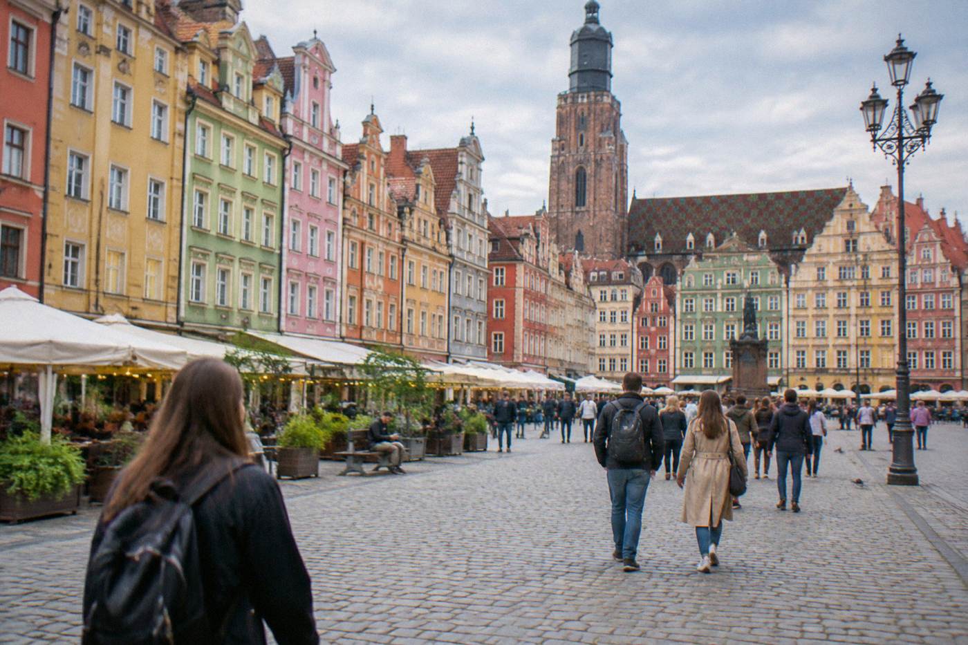 Colorful townhouses lining Wroclaw's Market Square on a bright afternoon