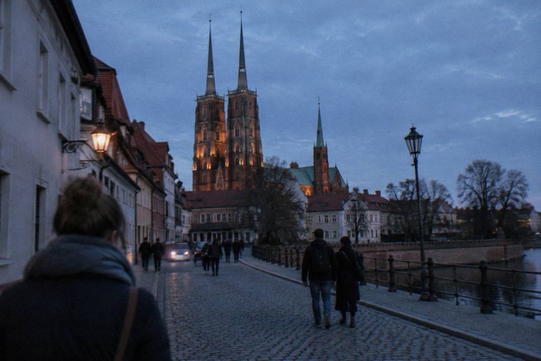 Cobbled streets and church towers on Ostrow Tumski cathedral island