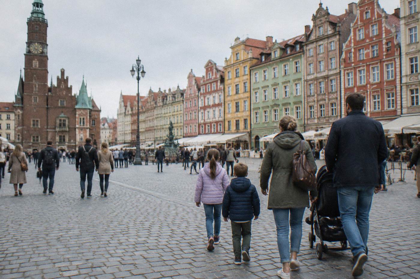 Families walking across Wroclaw Market Square with the colorful townhouses behind them