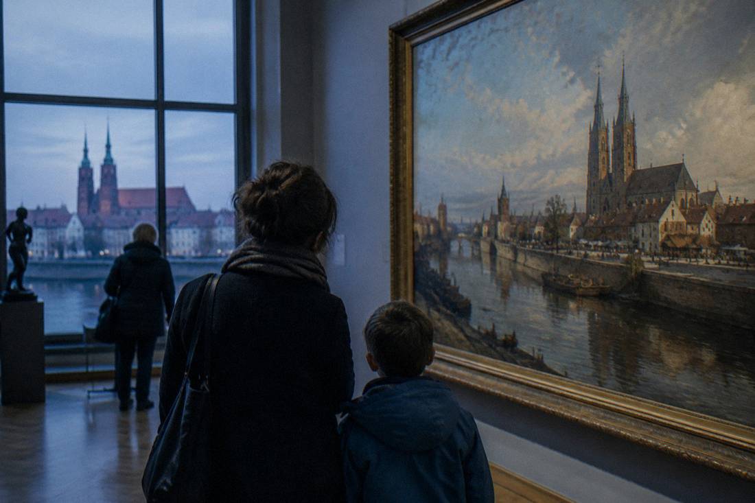 A parent and child looking at a large painting inside a Wroclaw museum gallery