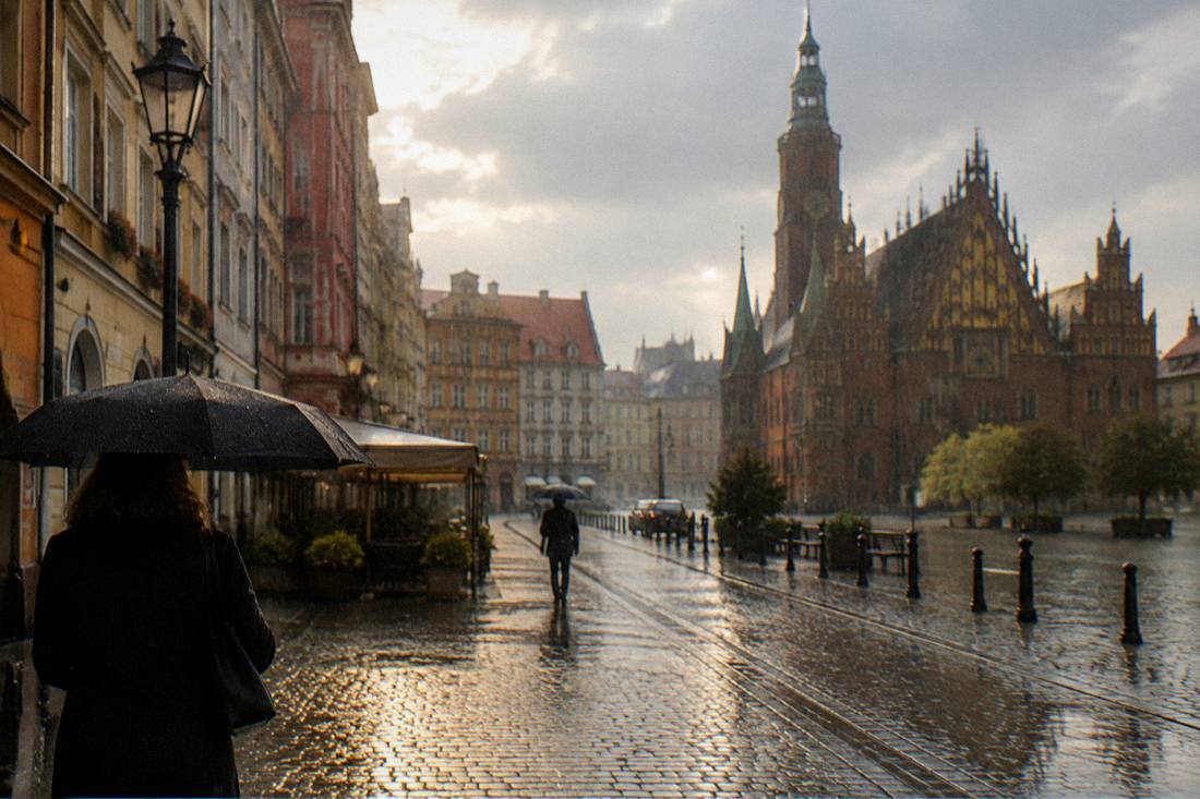 Rain falling on empty cobblestone streets in Wroclaw Old Town